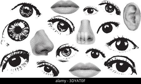 Eine Collage menschlicher Gesichtszüge, einschließlich mehrerer Augen, Nasen und Lippen, in einem schwarz-weißen Halbton und in einem einfarbigen grafischen Stil auf einem weiß gerendert Stock Vektor