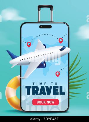 Posterdesign für Reisebuchungen mit Clipart-Werbeartikeln. Time to Travel Text Clip Art mit Travel Sale Business Trip Rabatt im Handygepäckdesign Stock Vektor