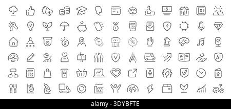 Symbole für Geschäfts- und Technologiebereiche. Sammlung von linearen Symbolen für minimale Konturvektoren. Finanz- und Marketingkonzept Stock Vektor