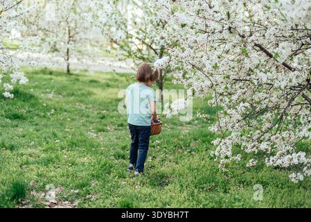 Ostereierjagd. Ein Kind mit Hasenohren läuft, um Ei im Garten abzuholen. Ostertradition. Baby mit Korb voller bunter Eier. Stockfoto