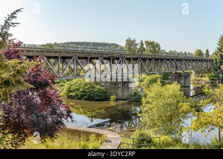Historische Eisenbahnbrücke über die Zwickauer Mulde in Rochlitz, Sachsen, Deutschland, Stahlfachwerkbrücke umgeben von grüner Landschaft Stockfoto