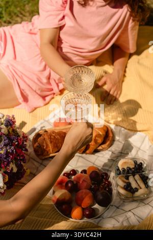 Weibliche Freunde genießen ein Sommerpicknick und knackende Gläser mit Champagner und Weißwein Stockfoto
