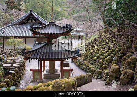 Kyoto, Japan - Januar 2026: Schrein und umliegende Rakan-Statuen im Otagi Nenbutsu‑JI-Tempel, weite Ansicht von moosbedeckten Figuren Stockfoto