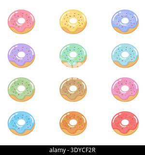 Sammlung verschiedener bunt glasierter Donuts mit Streuseln. Hochwertige Vektorsymbole für Bäckerei-Branding, Menüs, Süßwarenladen-Dekor und Süßigkeiten de Stock Vektor