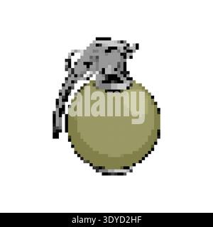 Pixel Art grüne Militär-Handgranate. Das Symbol für explosive Waffen im Retro-8-Bit-Spielstil für Armee- und Kampfkonzepte. Isoliert auf weiß. Stock Vektor