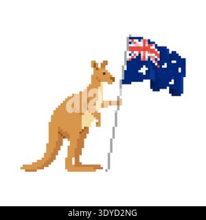 Pixel Art Känguru und australische Nationalflagge. Retro-Maskottchen im 8-Bit-Spielstil für patriotische und Urlaubskonzepte. Stock Vektor