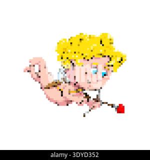 Pixel Art Cupid mit Bogen und Pfeil. Retro-Charakter im 8-Bit-Spielstil für Valentinstag und Liebeskonzepte. Isoliert auf weiß. Stock Vektor