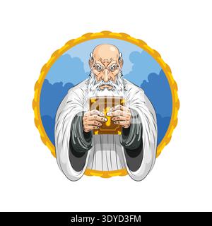 Gott wie ein alter weiser Mann mit weißem Bart, der eine goldene Bibel hält. Religiöses und spirituelles Konzept. Kreisförmiges Pixelbild-Symbol auf weiß isoliert. Stock Vektor