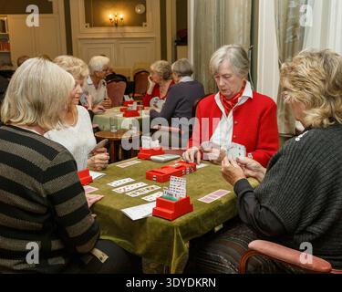 Seniorinnen konzentrierten sich während eines Social Bridge Kartenspiels im Phyllis Court Club in Henley-on-Thames Stockfoto