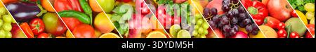 Verschiedene nützliche Obst- und Gemüsehintergründe. Skinali. Breites Foto. Stockfoto