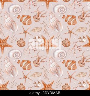 Orange beige Meer nahtloses Muster mit Muschel und Perlen und Fischen auf isoliertem Hintergrund. Handgezeichnetes Vintage-Aquarell-Ornament mit Algen und Stockfoto