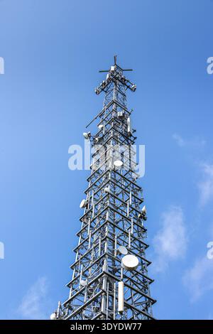 Ich schaue zu einem Funkfernmeldemast auf Cleeve Hill Common in der Nähe von Cheltenham, Gloucestershire, England, Großbritannien Stockfoto