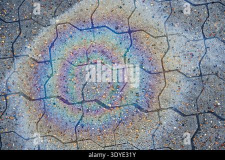 Ölpest auf Betonpflaster bildet lebendige Regenbogenfarben mit unregelmäßiger Steinstruktur und ineinander greifenden Formen in einem abstrakten Muster. Stockfoto