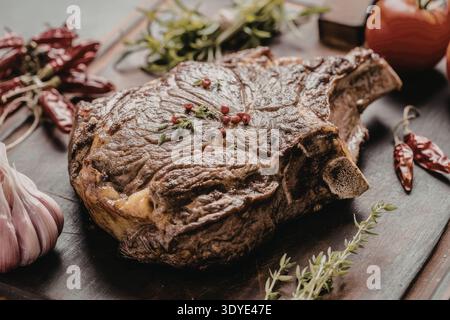 Gegrilltes Tomahawk-Steak mit frischen Kräutern und Gewürzen, serviert auf einem rustikalen Holzschneidebrett mit Knoblauch und roter Paprika. Stockfoto