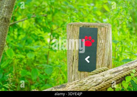 Ein Holzpfosten in einem üppig grünen Wald zeigt ein schwarzes Schild mit einem roten Pfotendruck und einem weißen Pfeil, der nach links zeigt, was einen Tierpfad markiert. Stockfoto