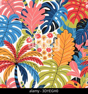 Lebendiges Vektormuster mit tropischen Blättern, einschließlich Monstera, und verschiedenen Blumen auf hellem Hintergrund, ideal für Textildrucke und Designs Stock Vektor