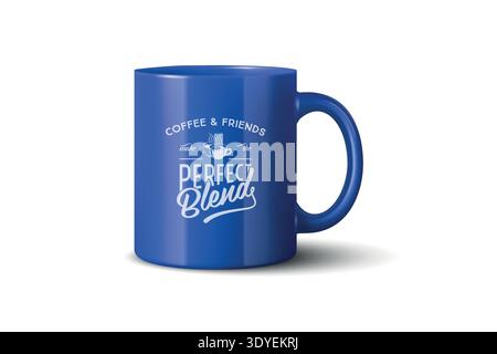 Vektor 3D realistische blaue Kaffeetasse Mockup mit Vintage Typografie Druck. Keramikbecher für Branding und Merch Design. Realistische 3D-Vektor-Illustration Stock Vektor