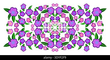 Rechteckiges ethnisches Ornament Kaleidoskop-Muster von Blumen. Volkstümliches Blumenschmuck. Lila rosa Blüten Stock Vektor