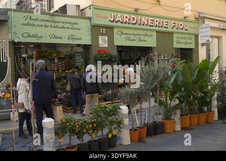 Jardinerie Fiol. Laden Sie lokale Kräuter, Samen und Blumen auf der Straße in Nizza, Frankreich. Einkäufer stöbern in Topfpflanzen. Stockfoto