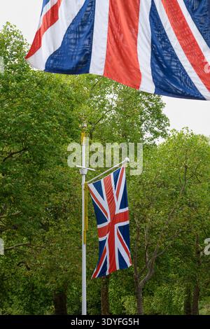 Die Flagge der British Union hängt von einem Pfosten an grünen Bäumen Stockfoto