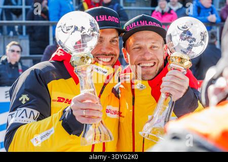 Tobias Wendl und Tobias Arlt (Deutschland) gewinnen den Gesamtweltcup im Doppelsitzer; Jubel, 07.03.2026, Altenberg (Deutschland), Eberspächer Rennrodel-Weltmeisterschaft Altenberg Stockfoto