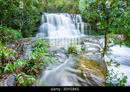 Der Wasserfall stürzt über gestufte Felsformationen und leitet klares Wasser durch einen lebhaften tropischen Wald, der die natürliche Schönheit und die Ruhe hervorhebt Stockfoto