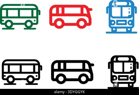 Das Bild zeigt sechs Bussymbole in verschiedenen Farben und Ausrichtungen. Die obere Zeile enthält einen grünen, roten und blauen Bus, während die untere Zeile drei enthält Stock Vektor