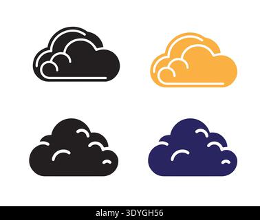 Das Bild zeigt vier Wolkensymbole, die in zwei Zeilen angeordnet sind, wobei jede Wolke eine andere Farbe hat: Schwarz, gelb, schwarz und blau, gesetzt gegen ein einfaches weißes b Stock Vektor