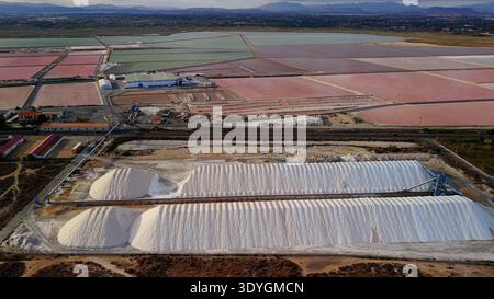 Aus der Vogelperspektive sehen Sie farbenfrohe Salzdampfteiche und weiße Salzhaufen in der Nähe von Santa Pola, Spanien Stockfoto