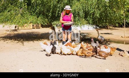 Frau, die Hühner und Gänse auf einem Bauernhof füttert Stockfoto