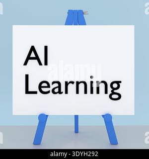 3D-Abbildung eines Stativs mit dem Skript „AI Learning“ Stockfoto