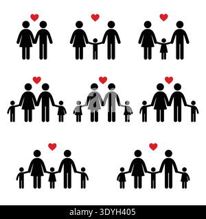 Stick Family Icons Set Schwarze Silhouetten Kollektion mit rotem Herz Stock Vektor