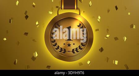 Goldene Medaille für den ersten Platz mit Band und Konfetti. Ein glänzendes Symbol für Sieg und Erfolg. Vektorabbildung. Stock Vektor