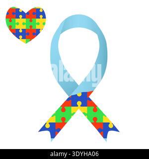 Ein blaues Band mit Puzzleteilen, ein Symbol des Autismus-Bewusstseins. Vektorabbildung. Illustration für den Monat, der dem Bewusstsein der Autismus gewidmet ist Stock Vektor