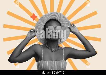 Collage einer Frau mit Sonnenbrille und Hut mit Sonnenstrahlen im Hintergrund Stockfoto
