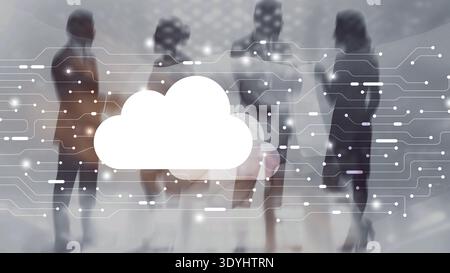 Cloud-Datenspeichernetzwerk mit leuchtenden Knoten und futuristischen digitalen Verbindungen. Stockfoto