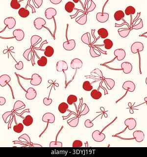 Nahtloses Coquette-Muster mit roten Kirschen, gebunden mit rosa Schleifen auf rosa Hintergrund. Niedliche und mädchenhafte Ästhetik für Stoffe, Geschenkpapier, Schreibwaren, digitales Design und romantische Projekte. Vektorgrafik Stock Vektor