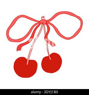 Skurrile rote Kirsche mit süßer Schleife im Coquette-Stil. Handgezeichnete Illustration romantischer Früchte. Perfekt für Mädchendrucke, Valentinskarten, Weihnachtsverpackungen, Aufkleber und digitales Design Stock Vektor