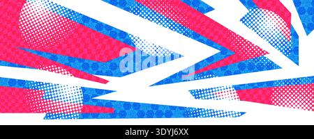 Moderner und energetischer abstrakter Hintergrund im Pop-Art-Stil mit blauen und rosa geometrischen Formen und Rastermustern Stock Vektor