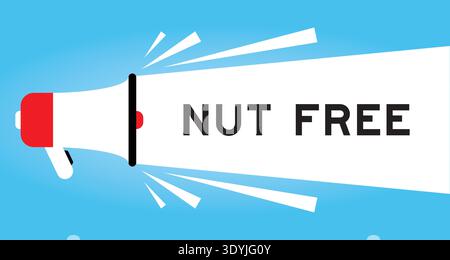 Farbiges Megaphon-Symbol mit Wort Nuss frei in weißem Banner auf blauem Hintergrund Stock Vektor