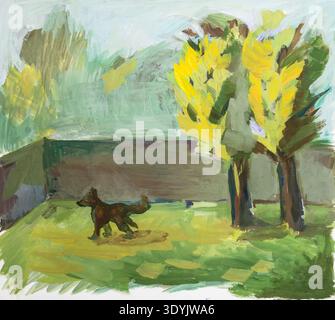 Handbemalter Hund läuft auf dem Rasen des Dorfhauses auf Papier mit Temperafarben Stockfoto
