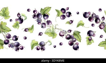 Schwarzes Johannisbeeraquarell horizontales nahtloses Muster auf weißem Hintergrund. Frisch reif für Küchendekor, Lebensmittelverpackung, Stoff. Wiederholen Sie die Beeren für Stockfoto