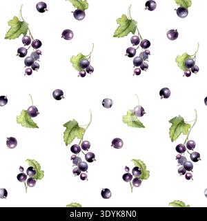 Nahtloses Muster mit schwarzen Johannisbeeren und Blättern in Aquarell. Botanische Wiederholungszeichnung frischer Früchte auf weißem Hintergrund. Textil Stockfoto