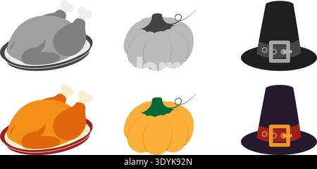 Thanksgiving Holiday Design Elemente Farbe und Graustufen Thanksgiving Symbole minimalistisches flaches Design. Isolierte Vektor-Illustration Herbstgruß Themenkarten, Aufkleber, Symbol, Party-Einladung oder Flugblätter Stock Vektor