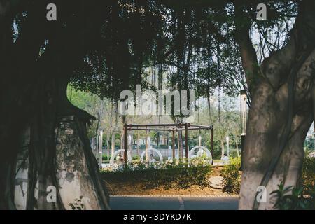 Park Spielplatz eingerahmt von großen Bäumen in einer tropischen urbanen Umgebung, möglicherweise in Bangkok, Thailand Stockfoto