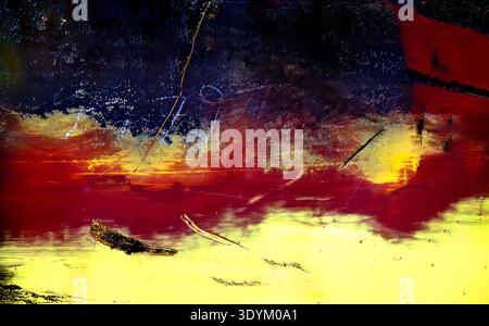 Abstrakte Kunst an den Wänden einer verlassenen Fabrik. Dieses Kunstwerk bietet eine Mischung aus kräftigen Farben und Texturen. Leuchtendes Gelb, tiefes Blau und Rik Stockfoto