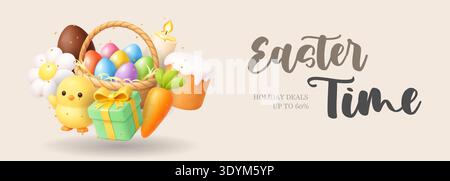 Ostern Banner mit Korb, Kuchen und Küken. 3D-Illustration für realistische Urlaubsangebote Stock Vektor