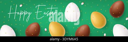 Frohe Ostern grüner Hintergrund mit goldenen und Schokolade, weißen Eiern. Festliches 3D-Weihnachtsbanner mit Konfetti-Elementen Stock Vektor