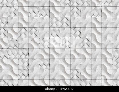 Dekorative architektonische Oberfläche aus quadratischen weißen Marmorfliesen, die in einem sich wiederholenden Raster angeordnet sind. Das Muster kombiniert glatte Panels mit geschnitzten GE Stockfoto