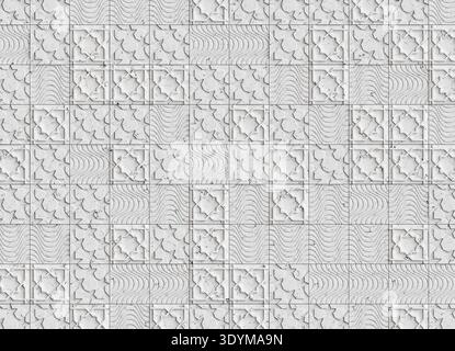 Dekorative architektonische Oberfläche aus quadratischen weißen Marmorfliesen, die in einem sich wiederholenden Raster angeordnet sind. Das Muster kombiniert glatte Panels mit geschnitzten GE Stockfoto